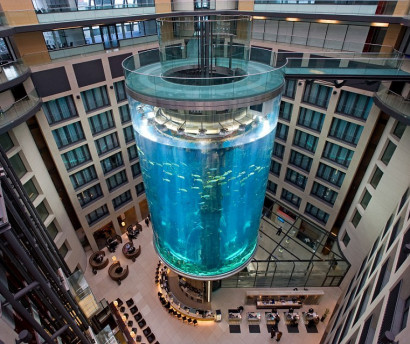In the lift inside Aqua Dom, the huge aquarium, Sea Life / Radisson Blu Hotel, Berlin, Germany