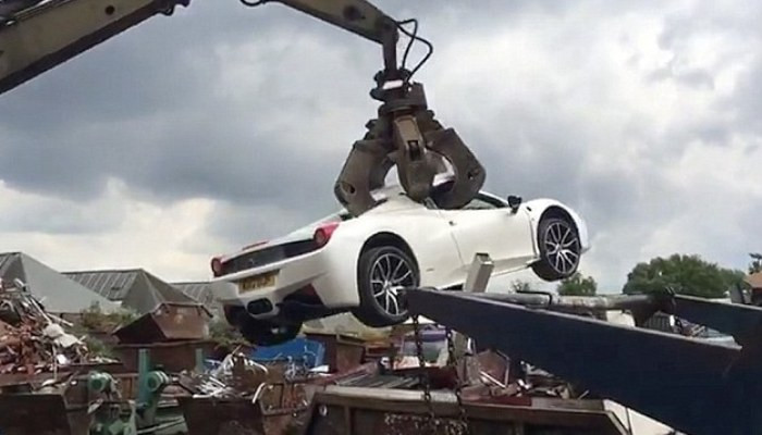 How crushing! Soul-destroying moment £200,000 Ferrari 458 Spider was destroyed after police seized uninsured vehicle from millionaire owner
