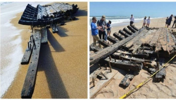 48-foot hull of a well-preserved 18th century vessel dubbed the 'Holy Grail of shipwrecks' washes ashore on Florida beach with copper tacks and roman numeral etchings still intact