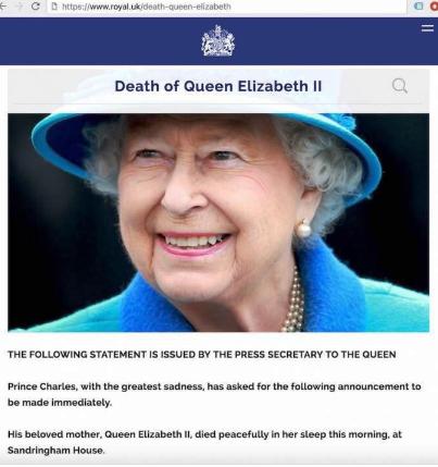 Մեծ Բրիտանիայի թագավորական ընտանիքի պաշտոնական կայքը հայտնել է Ելիզավետա II թագուհու մահվան մասին այնուհետև ջնջել հայտարարությունը