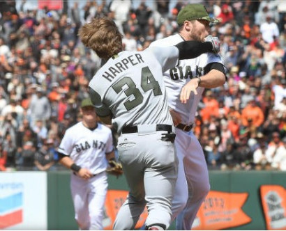 Bryce Harper punches Hunter Strickland and sparks brawl at Giants-Nationals game