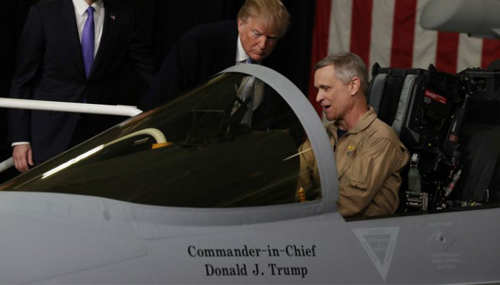 Trump Views F/A-18 Growler Fighter Jet With ‘Commander-In-Chief Donald J. Trump’ On Side Of Plane At Boeing