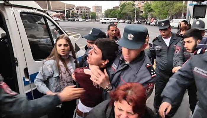 Watch: Demonstrators wrestle with police at Armenia anti-PM protest