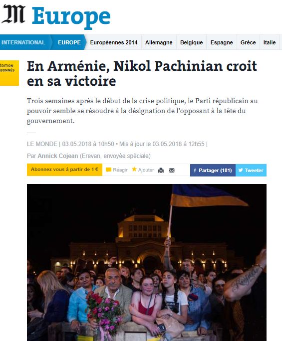 Le Monde: Пашинян верит в свою победу в Армении