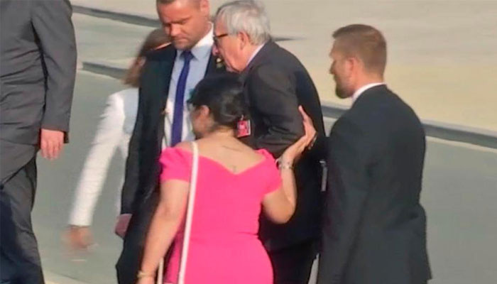 Footage of Jean-Claude Juncker staggering around NATO summit sparks claims EU boss ‘was drunk on the job’