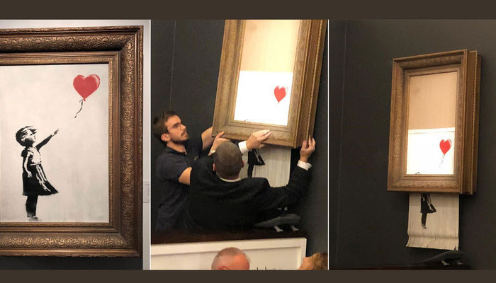 Бэнкси показал, как встроил шредер в собственную картину. Механизм сработал, когда ее продали на Sothebyʼs за миллион фунтов