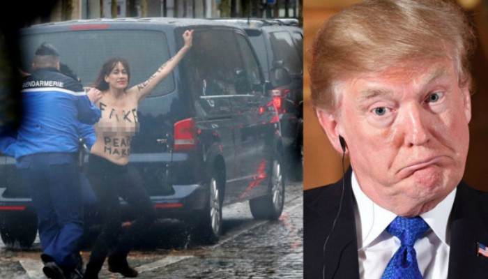 Police tackle topless protesters who rush Trump motorcade in Paris