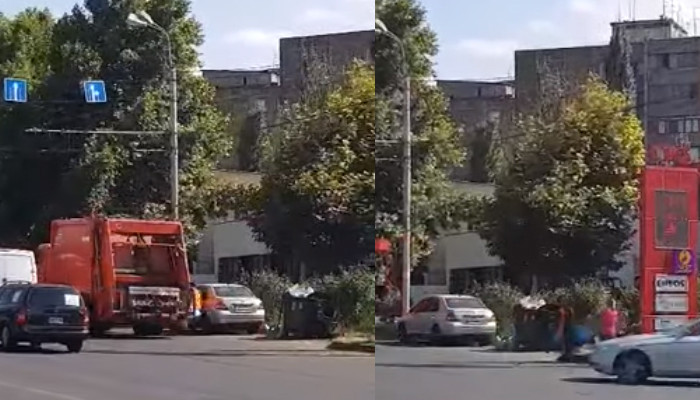Երևանում աղբահավաք մեքենան կանգնում է աղբամանի մոտ, ապա առանց աղբը տեղափոխելու հեռանում