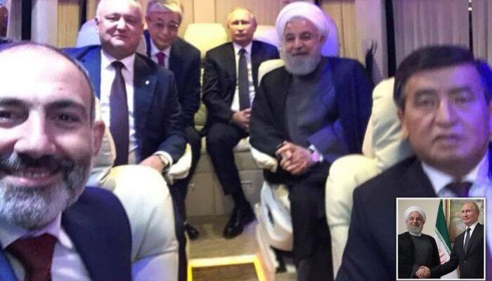 Smiling Rouhani and a far less impressed Putin pose for bizarre selfie taken by Armenia's PM