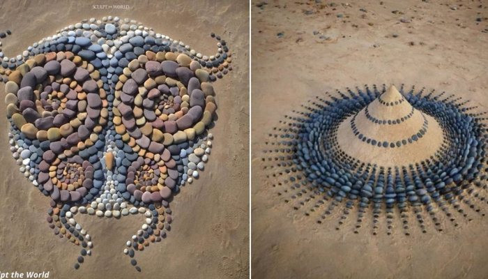 Художник расставляет камни в потрясающих узорах на пляже