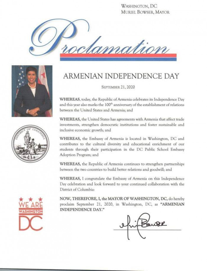 Մյուրիել Բաուզերը սեպտեմբերի 21-ը հռչակել է Վաշինգթոնում «Հայաստանի անկախության օր»