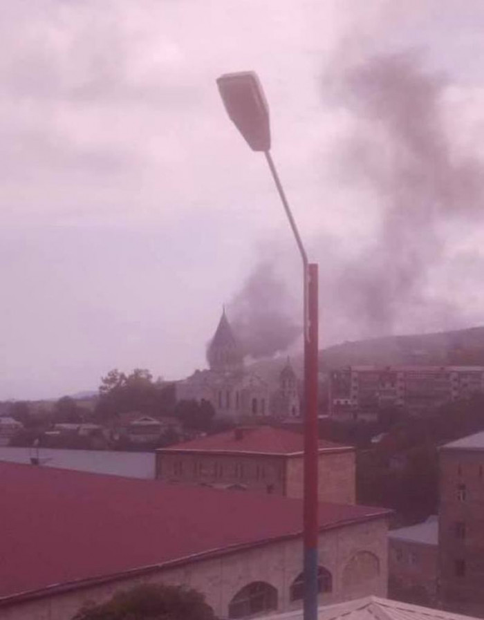 Ghazanchetsots Church in Shushi appeared in the smoke from the enemy's rocket fire