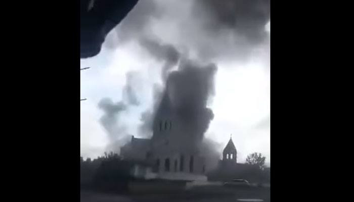 Ghazanchetsots Church in Shushi appeared in the smoke from the enemy's rocket fire
