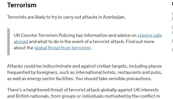 Великобритания предупредила своих граждан об угрозе терроризма в Азербайджане