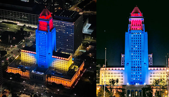 The city Hall is fully illuminated with the colors of the Armenian flag