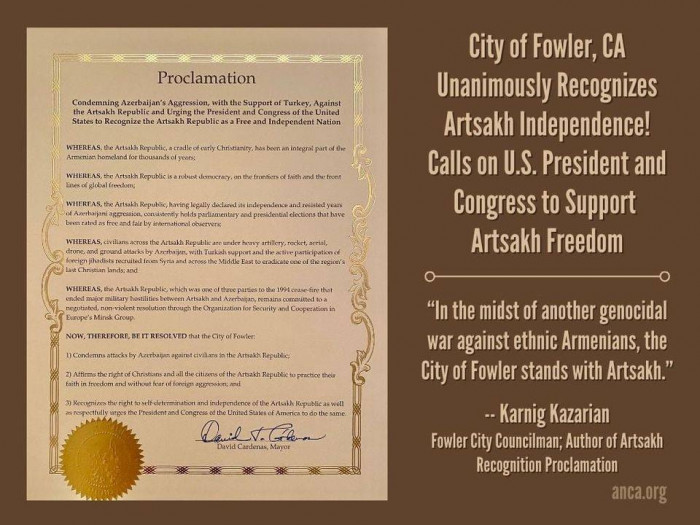 The California city of Fowler unanimously recognized Artsakh's right to self-determination and independence