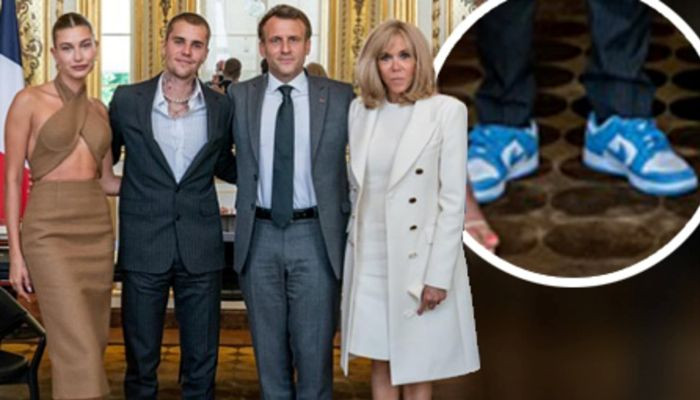 Justin Bieber wears SNEAKERS and a suit while wife Hailey flashes her abs in a VERY revealing dress as they meet French President Emmanuel Macron in Paris to discuss 'youth issues'