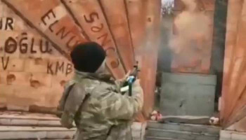 Azerbaijani servicemen fires at Armenian cross-stone in Artsakh's Hadrut