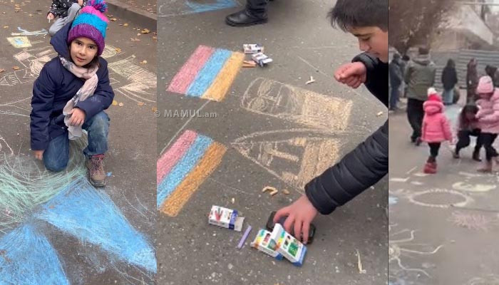 Арцахские дети проводят творческую акцию протеста перед офисом ООН в Армении