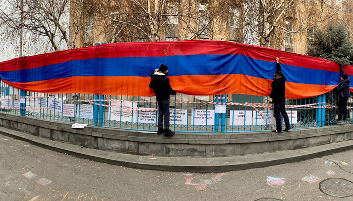 The 22-meters flag of the Republic of Artsakh on the hedge of the UN Armenian Office