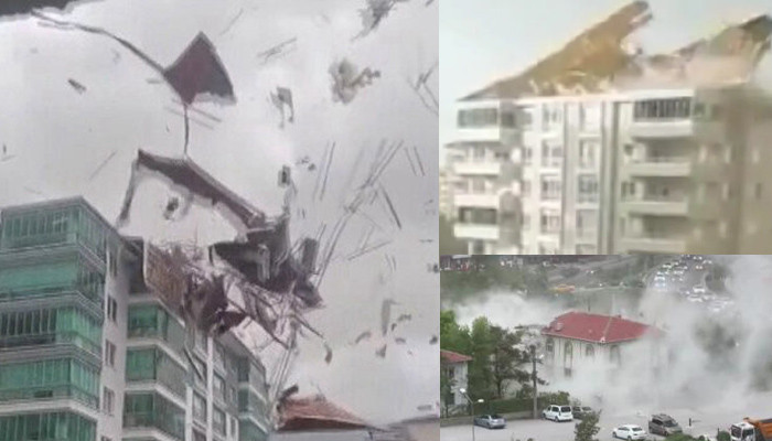 Ankara'da fırtınada çatının uçma anı kamerada
