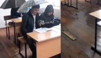 Ադրբեջանում աշակերտներն անձրևանոցներով են նստում դասին