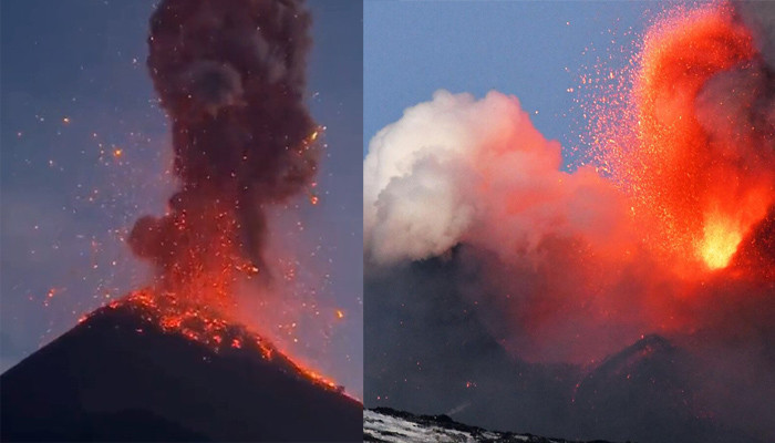 Mount Etna shows off spectacular red hot explosions