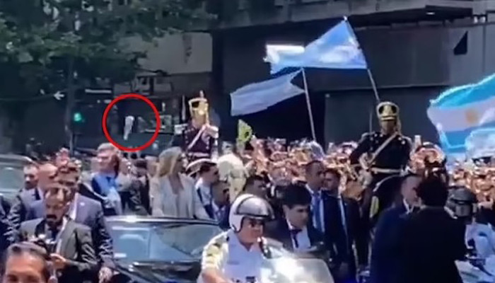 Shocking moment Argentine President Milei is nearly struck in the head by a bottle