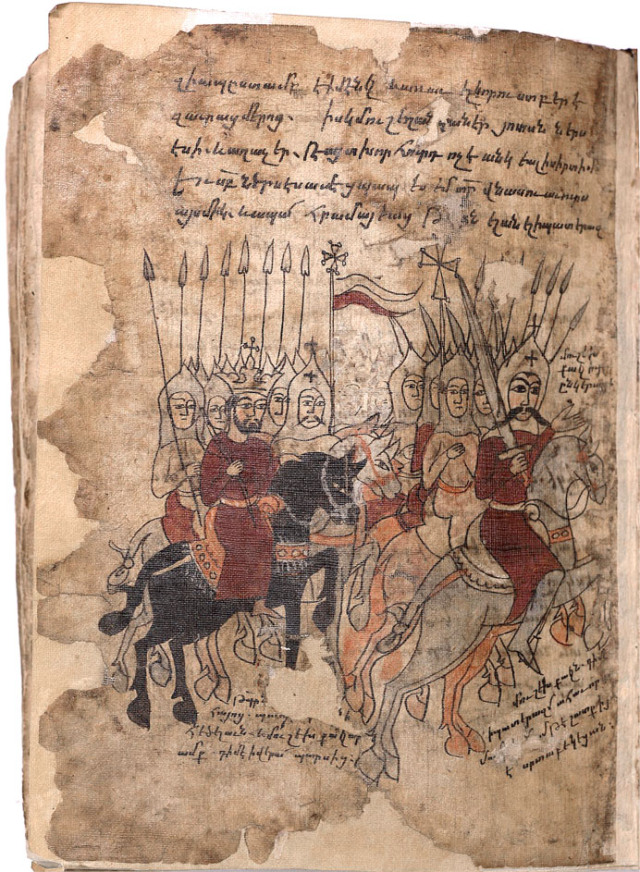 371 թվականին, Ձիրավի ճակատամարտում Պարսից Շապուհ Բ-ին հաղթանակած Հայոց արքա Պապ Արշակունին (ձախից), սպարապետ Մուշեղ Մամիկոնյանը (աջից) և հայոց այրուձին. 16-րդ դարի մանրանկար
