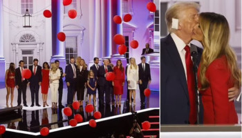 Melania Trump stuns in red as she walks into the Republican convention to a roaring crowd to watch husband Donald speak